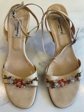 Anna Wang Italy Beaded Sandals Beige Lizard Texture Heel, Size 10